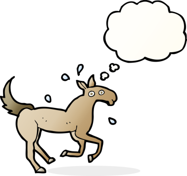 Bir insan tarafından çizilmiş düşünce baloncuğuyla terleyen at.