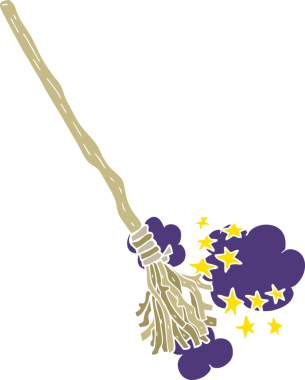 Bir insan tarafından çizilmiş sihirli süpürgenin düz renk çizimi