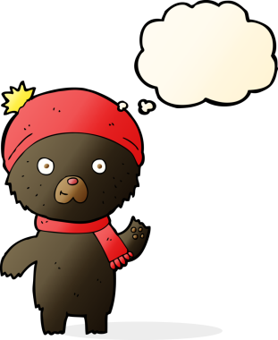 Bir insan tarafından çizilmiş düşünce balonlu siyah ayı sallayan çizgi film.