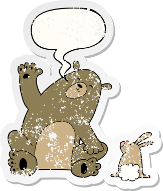 Çizgi film ayısı ve tavşan arkadaşları bir insan tarafından çizilmiş sıkıntılı eski bir çıkartma