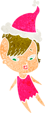 Bir insan tarafından çizilmiş Noel Baba şapkası giymiş şaşırmış bir kızın el çizimi karikatürü.