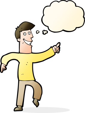 Bir insan tarafından çizilmiş düşünce baloncuğu ile sırıtan çizgi film adamı.