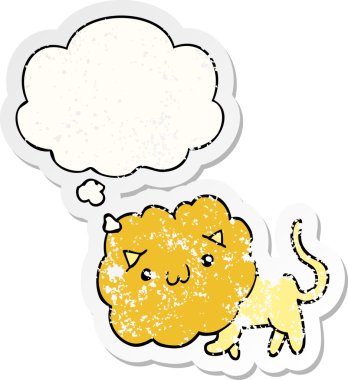 Düşünce baloncuğu olan çizgi film aslanı insan tarafından çizilmiş yıpranmış bir çıkartma.