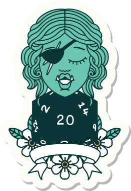 Bir insan tarafından çizilmiş 20 zarlı yarı ork haydut bir karakterin çıkartması.