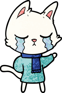 Bir insan tarafından çizilmiş kışlık giysiler içindeki ağlayan çizgi film kedisi.