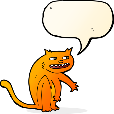 Bir insan tarafından çizilmiş konuşma balonlu mutlu kedi çizgi filmi.