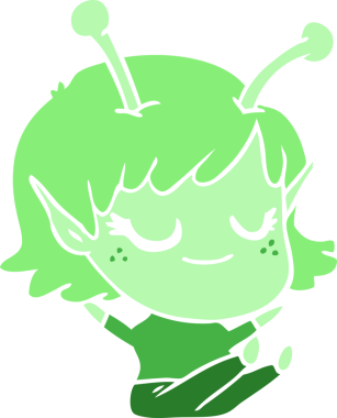 Gülümseyen uzaylı kız düz renkli çizgi film bir insan tarafından çizilmiş.