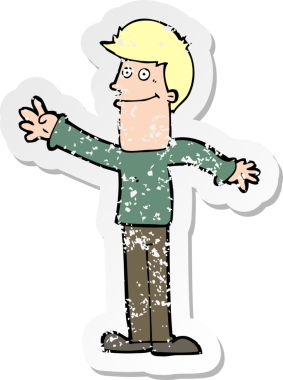 Bir insan tarafından çizilmiş mutlu bir adamın karikatür çıkartması.