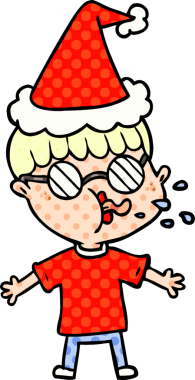 Bir insanın çizdiği Noel Baba şapkası takan gözlüklü bir çocuğun el çizimi çizgi roman tasviri.