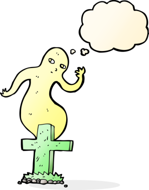 Bir insan tarafından çizilmiş düşünce baloncuğuyla mezardan yükselen karikatür hayaleti