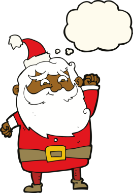 Bir insan tarafından çizilmiş düşünce baloncuklu Noel Baba çizgi filmi.