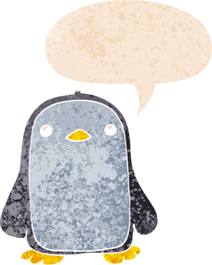 Grunge 'da konuşma baloncuğu olan sevimli çizgi film pengueni bir insan tarafından çizilmiş tedirgin, desenli bir resim.