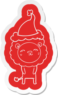 Bir insan tarafından çizilmiş Noel Baba şapkası takan bir aslanın garip karikatür çıkartması.