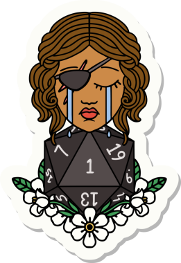 Ağlayan bir insan hırsızının çıkartması. Bir insan tarafından çizilmiş doğal bir D20 rulosu.