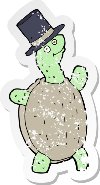 Bir insan tarafından çizilmiş silindir şapkalı karikatür kaplumbağasının gerilemiş çıkartması.