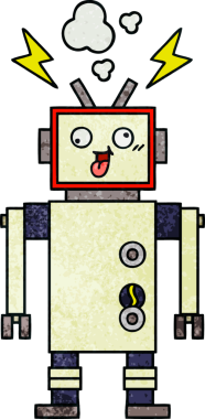 Bir insan tarafından çizilmiş çatlak bir robotun retro grunge desen karikatürü