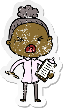 Bir insan tarafından çizilmiş kızgın yaşlı bir kadının sıkıntılı çıkartması.