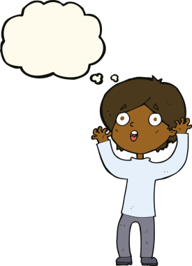 Bir insan tarafından çizilmiş düşünce baloncuğu olan korkmuş bir adam.