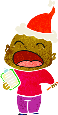 Bir insanın çizdiği Noel Baba şapkalı bağıran kel bir adamın el çizimi karikatürü.