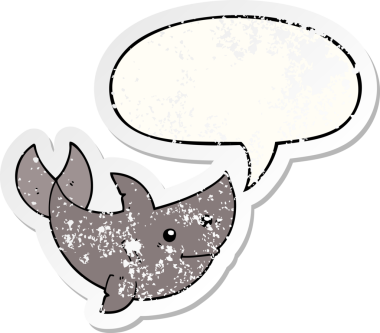 Konuşma baloncuğu olan çizgi film köpekbalığı bir insan tarafından çizilmiş sıkıntılı eski bir çıkartma