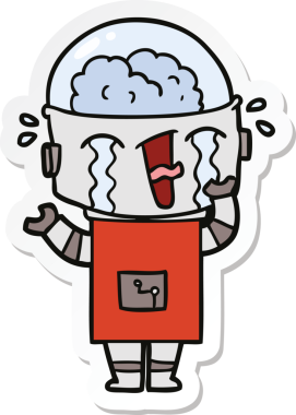 Bir insan tarafından çizilmiş ağlayan bir robot çıkartması.