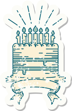 Bir insan tarafından çizilmiş dövme stili bir doğum günü pastasının eski etiketi.