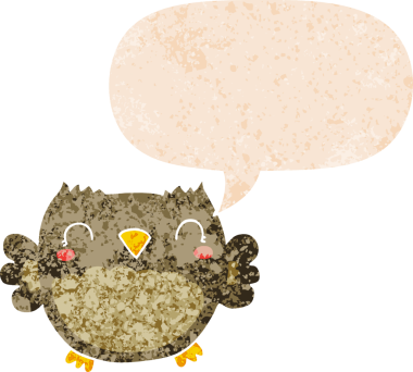 Bir insan tarafından çizilmiş grunge sıkıntılı retro biçimli konuşma baloncuğu ile sevimli çizgi film baykuşu