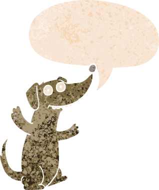 Bir insan tarafından çizilmiş grunge dertli retro tarzı konuşma baloncuğu ile çizgi film köpeği