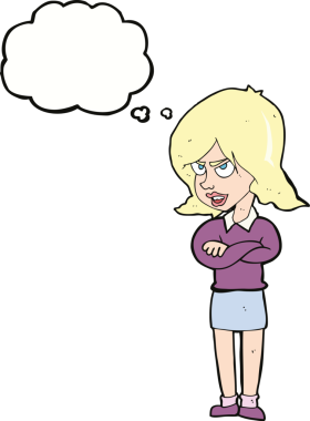 Bir insan tarafından çizilmiş düşünce baloncuğu olan kızgın bir kadın.