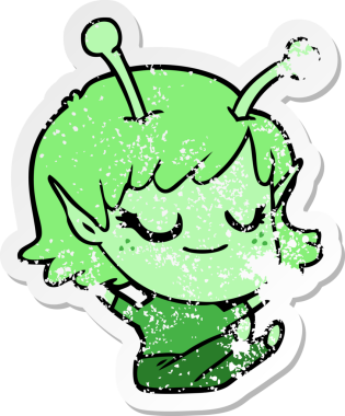 Bir insan tarafından çizilmiş gülümseyen uzaylı kız çizgi filminin sıkıntılı çıkartması.