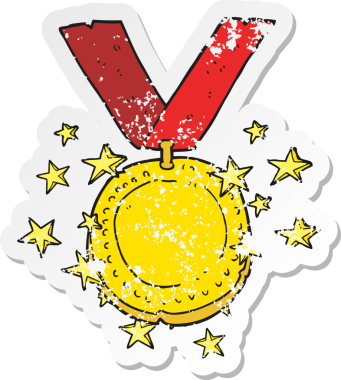 Bir insan tarafından çizilmiş parıltılı altın madalyanın gerilimli retro yapıştırması