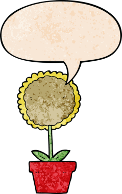 Bir insan tarafından çizilmiş geçmişe dönük desenli konuşma baloncuğu olan sevimli bir karikatür çiçeği.