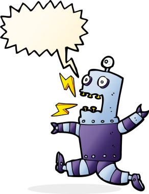 Bir insan tarafından çizilmiş konuşma balonu olan korkmuş robot çizgi film.