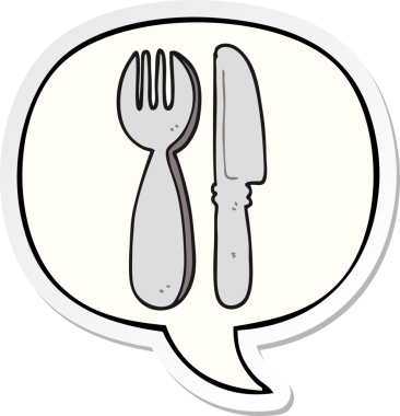 Bir insan tarafından çizilmiş konuşma kabarcığı etiketli çatal ve bıçak.