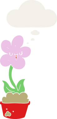 Bir insan tarafından çizilmiş düşünce baloncuğu olan sevimli bir karikatür çiçeği.