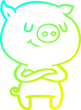 Bir insan tarafından çapraz kollu mutlu bir domuzun soğuk çizgi çizimi.