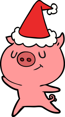 Bir insan tarafından çizilmiş Noel Baba şapkası takan bir domuzun çizdiği mutlu el çizgisi.