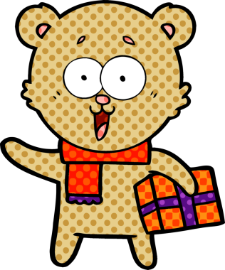 Bir insan tarafından çizilmiş Noel hediyeli gülen oyuncak ayı.