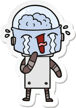 Bir insan tarafından çizilmiş ağlayan bir robot çıkartması.