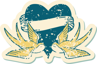 Kederli sembolik dövme stili kırlangıçlar ve bir insan tarafından çizilmiş sancaklı kalp.