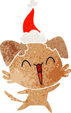 Mutlu küçük köpek eli insan tarafından çizilmiş eski bir Noel Baba şapkası çizimi.