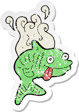 Bir insan tarafından çizilmiş, karikatür kokulu bir balığın gerilemiş etiketi.