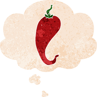 Düşünce baloncuklu çizgi film kırmızı biber grunge sıkıntılı retro desen tarzı bir insan tarafından çizilmiş