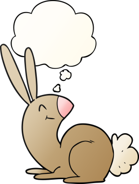 Düşünce baloncuğu olan sevimli çizgi film tavşanı bir insan tarafından çizilmiş.