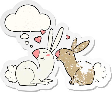 Düşünce baloncuğuna aşık çizgi film tavşanları insan tarafından çizilmiş yıpranmış bir çıkartma gibi