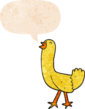 grunge 'da konuşma baloncuğu olan karikatür kuşu bir insan tarafından çizilmiş dertli retro tarzı