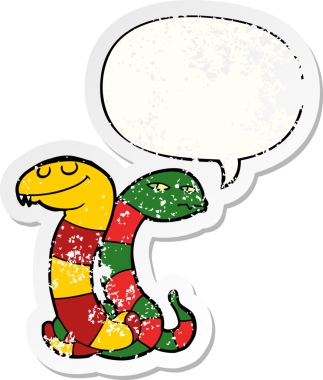 Konuşma baloncuğu olan çizgi film yılanları bir insan tarafından çizilmiş sıkıntılı eski bir çıkartma