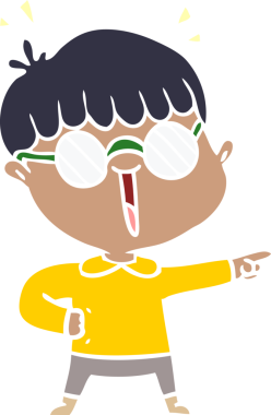 Bir insan tarafından çizilmiş gözlük takan düz renkli çizgi film çocuğu.