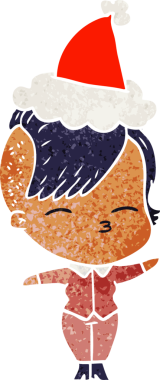 Bir insan tarafından çizilmiş Noel Baba şapkası giyen şaşı bir kızın el çizimi karikatürü.