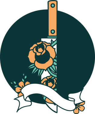 bir hançer ve bir insan tarafından çizilmiş çiçeklerle dövme stili simgesi